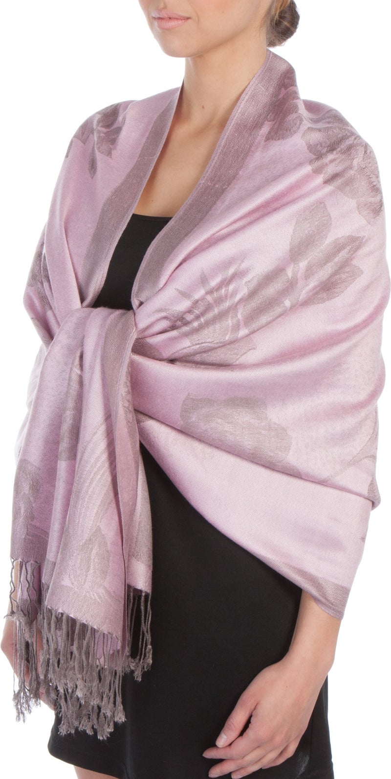 Sakkas Two Tone Floral Rose Reversible Pashmina Scarf Shawl Wrap Stole for Women - Baby Pink/Gray - Image 1